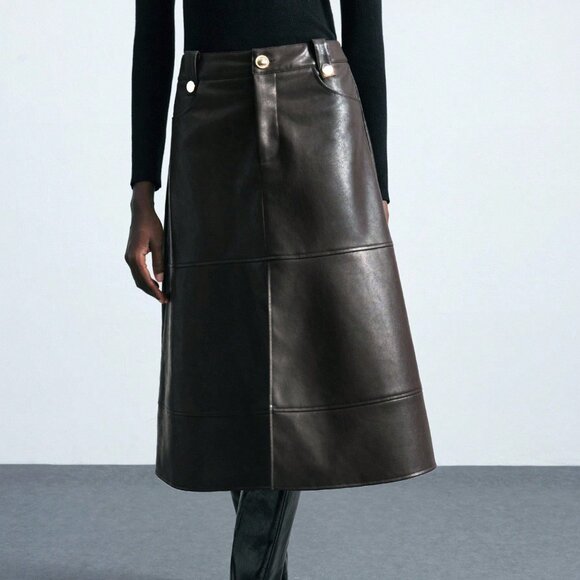 Coffee Brown Elegant Women's Classic Midi Skirt - Picture 4 of 7